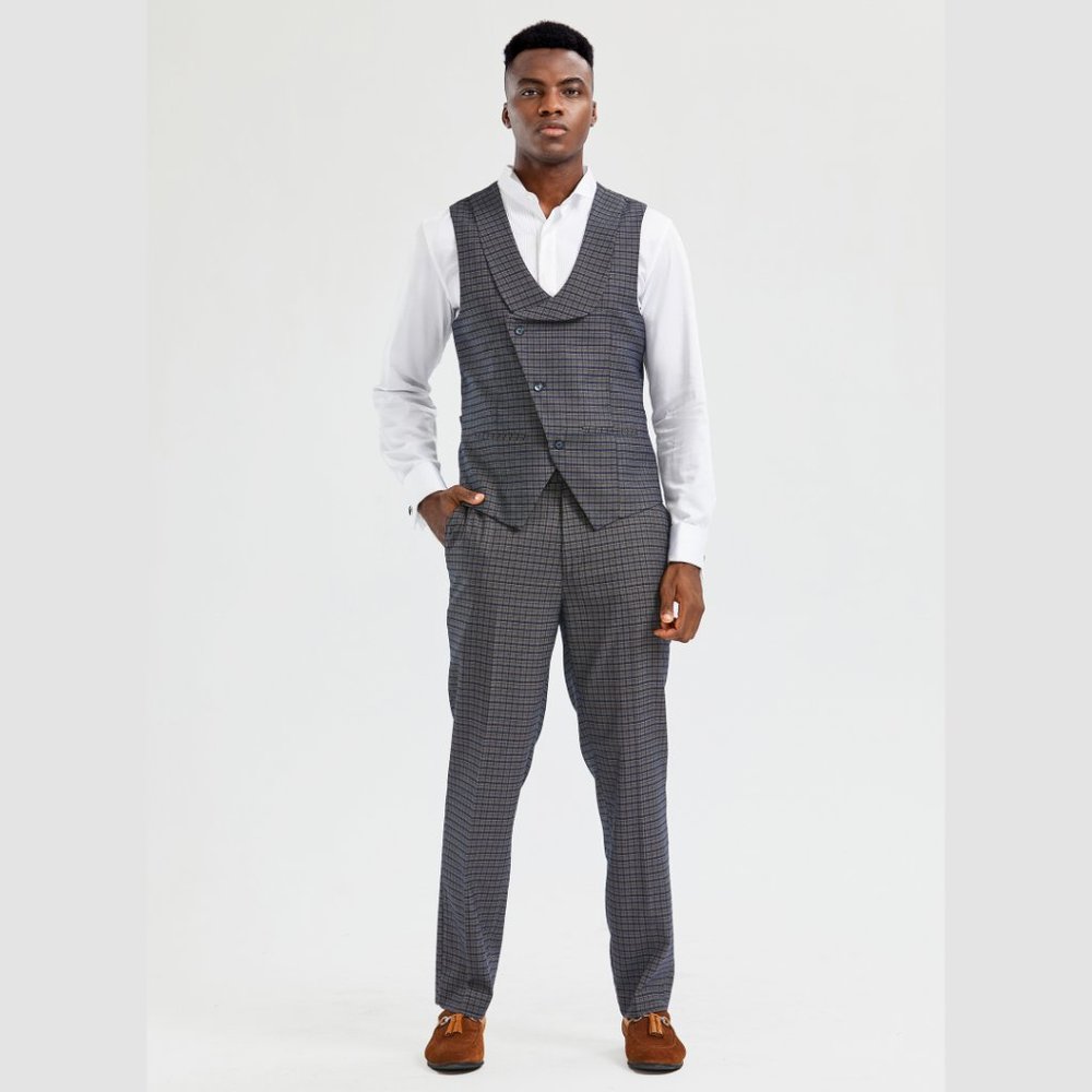 Bespoke Tazio Men's Vest 2pc Set, Tattersall Navy - Picture 8 of 8